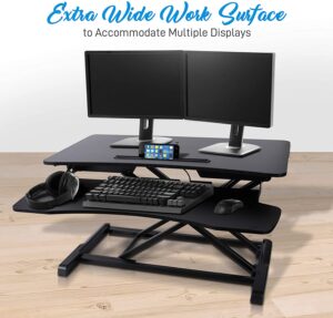 EASY TO SIT/STAND – Our sit & stand desk has a durable steel base & a pneumatic air cylinder for smooth raising & lowering for multiple times a day. The height-adjustable desk is extremely easy to operate even w/ heavy loads such as dual monitors HEIGHT ADJUSTABLE: Convenient style monitor & computer stand w/ hassle-free height adjustment: 4.2’’ - 19.7’’ inches. Workstation simply lifts for optimal eye-level viewing. Our desk riser is designed for people between the height range of 5' to 6'4 NO ASSEMBLY REQUIRED: The modern & lightweight multi-monitor screen convertible riser stand comes assembled. Place the elevated table on your desk, put your MacBook, printer or speaker on the flat surface, set to sit or stand position & start working COMPACT & PORTABLE: Add rising and lifting style designed for easy use & portability, lightweight design easily transports and perfect for home, school, office or business use SPACIOUS WORK AREA: The adjustable standing desk gives you plenty of space for your computer, mouse, accessories & it has a wide keyboard tray! Tabletop measures 31.5" x 24.2" & supports two 17" monitors, still leaving you wide extra space to spare Included components: Universal Laptop Stand